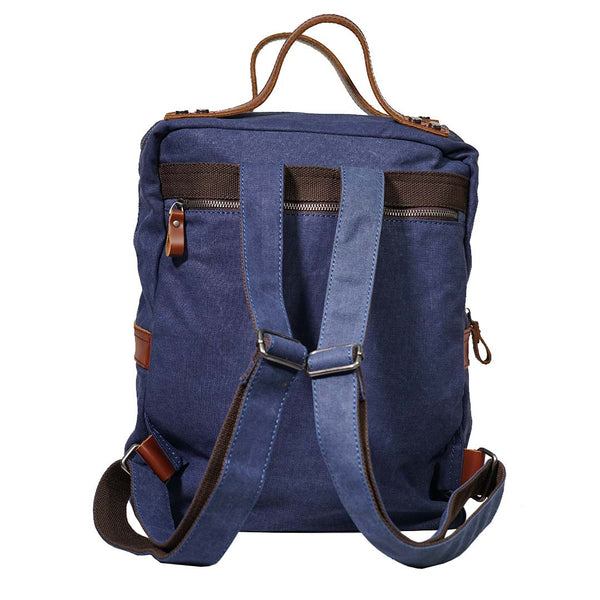 Canvas Leather Backpack School In Blue BA-0012-BU