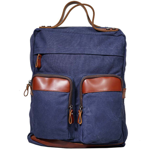 Canvas Leather Backpack School In Blue BA-0012-BU