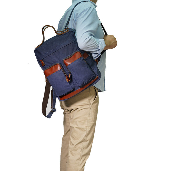 Canvas Leather Backpack School In Blue BA-0012-BU