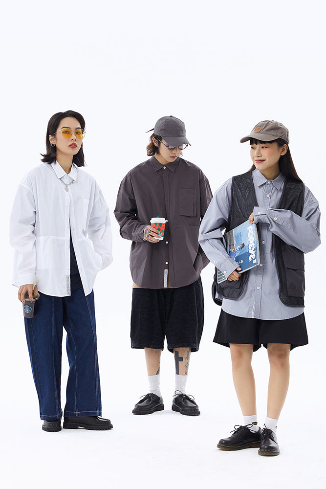 Worker Shirt With Long-sleeved In Light Grey