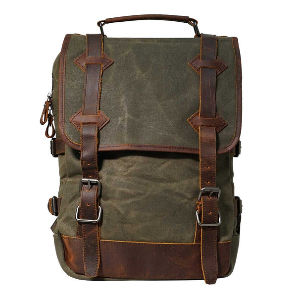 Leather and Canvas Backpack In Army Green