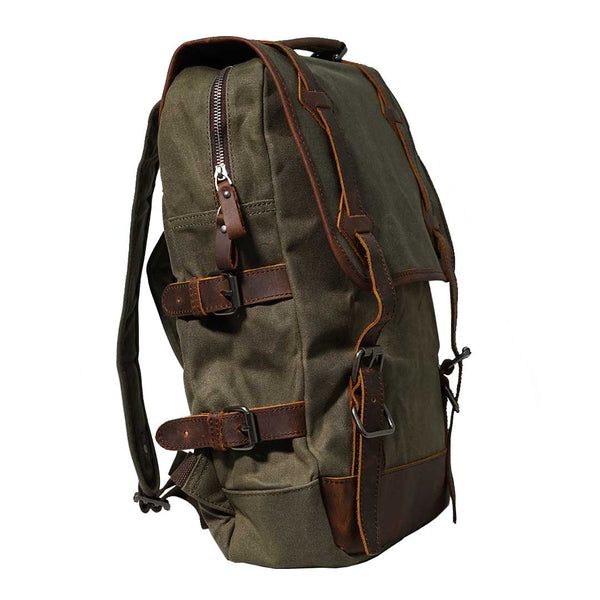 Leather and Canvas Backpack In Army Green