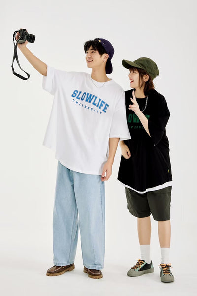 Slowlife Print Loose Short Sleeve T-Shirt In Black
