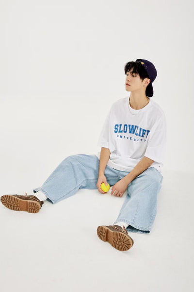 Slowlife Print Loose Short Sleeve T-Shirt In White