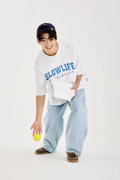 Slowlife Print Loose Short Sleeve T-Shirt In White