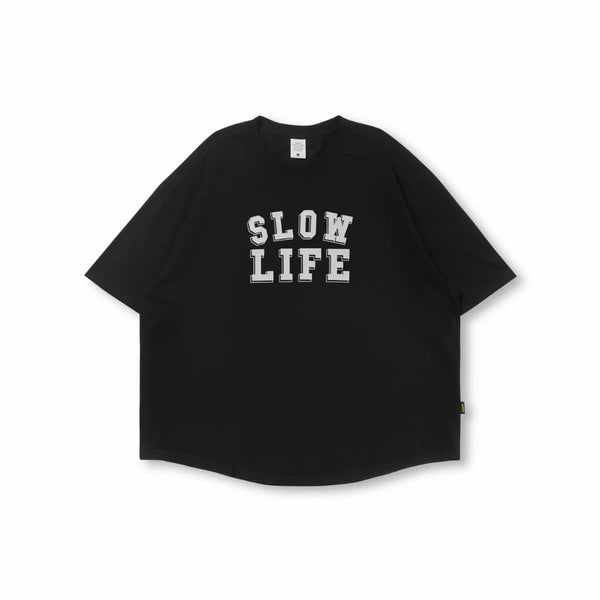 Slow Life Print Loose Short Sleeve T-Shirt In Black
