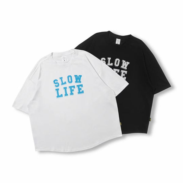 Slow Life Print Loose Short Sleeve T-Shirt In Black